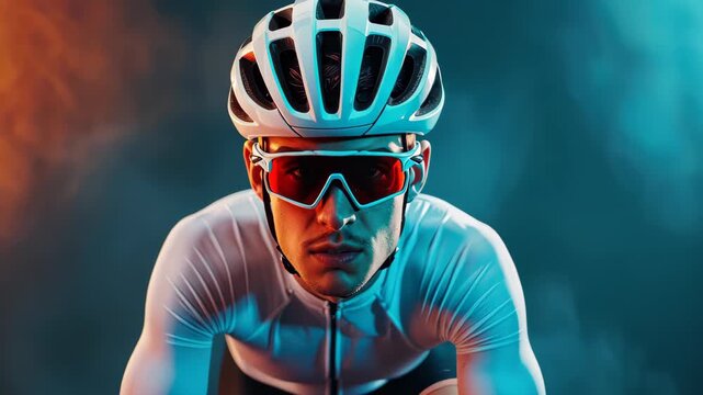 Cycle Vision: A focused cyclist, geared up in a helmet and goggles, rides forward with intense determination, his gaze fixed on the goal ahead. A display of focus and speed. 