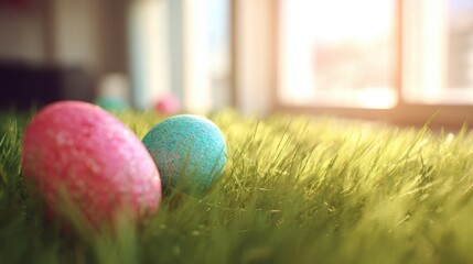 Fototapeta premium Colorful Easter eggs hidden in fresh grass during a sunny afternoon
