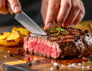 Knife cutting into a juicy beef steak, macro shot. AI