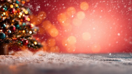 Brightly lit Christmas tree shines in falling snow at cozy winter scene