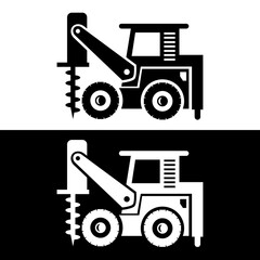 Skid Steer Loader Icon with Hydraulic Auger Attachment, Post Hole Digger Symbol.