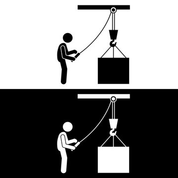 Rigger or Signalman Icon Controlling Lifting Load with Tag Line, Overhead Crane Operation Safety.