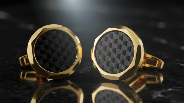Luxury gold cufflinks with black carbon fiber inlay on dark surface macro product video