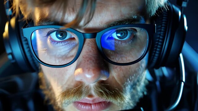 Gamer's Intense Focus: A close-up portrait of a determined gamer wearing glasses and a headset, eyes locked on the screen, ready to face the challenge.
