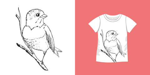 T-shirt with bird pattern. Women jersey, sport uniform kit, short fashion top, round neck blouse. Sketch Illustration. Template mock up.