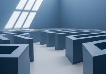Abstract labyrinth in serene blue tones illuminating through window's rays
