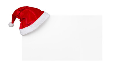 Santa Claus Hat Hanging on White Banner Isolated on White and Png Transparent Background