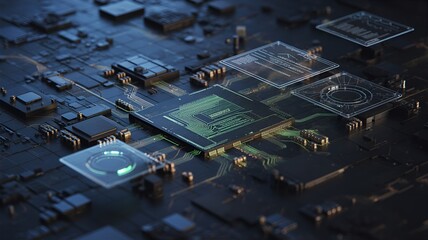 An intricate macro shot of a circuit board illuminated.