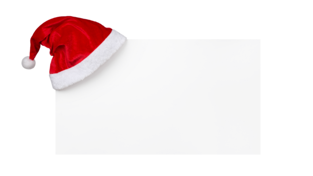 Santa Claus Hat Hanging on White Banner Isolated on White and Png Transparent Background