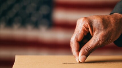 Hand placing ballot into box with American flag backdrop during election