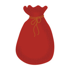 Large red sack filled with gifts. Classic Santa accessory for Christmas design, holiday decoration