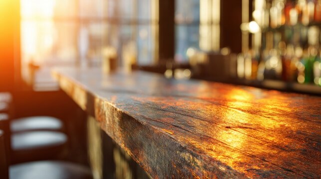 Warm sunlight illuminates a wooden bar in a cozy urban setting