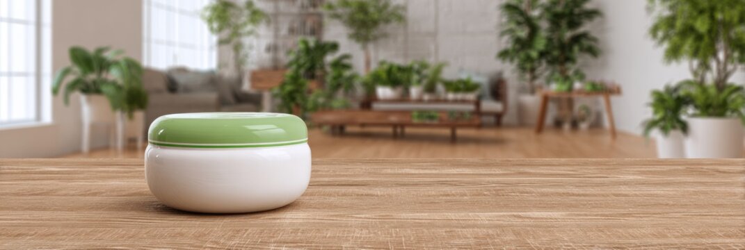 Pain Relief Cream Placed on Wooden Surface in a Physiotherapy Room With a Blurred Background of Plants and Furniture