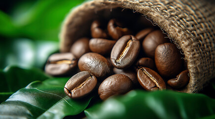 Freshly roasted coffee beans spilling from a burlap sack onto vibrant green coffee leaves