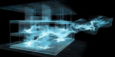 Creative visualization of airflow dynamics in a digitally rendered building environment with blue tones