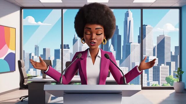 Dynamic businesswoman presenting in modern office with city view, sharing insights and inspiring success with confident gestures and a vibrant backdrop