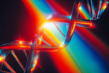 Abstract DNA strand with rainbow light effects on a dark background. This vibrant image showcases a DNA helix with colorful light refractions, Science and technology. Retro Sci-Fi, Retrofuturistic art