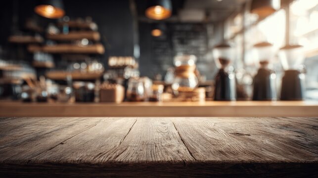 Artisan Coffee Scene With Rustic Wooden Table and Blurred Cafe Ambiance in Warm Morning Light