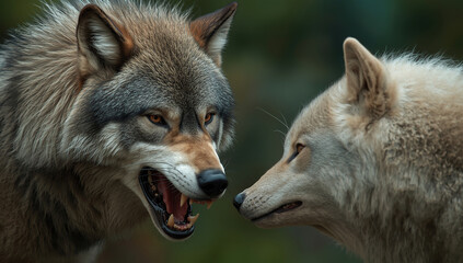Fototapeta premium Two wolves engage in a tense moment of dominance, with one wolf baring its teeth threateningly at the other