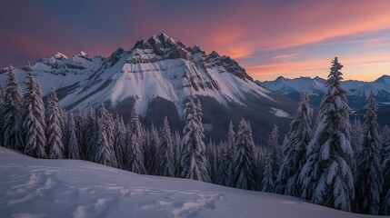A breathtaking view of towering, snow-covered mountain peaks under a soft pastel sky.