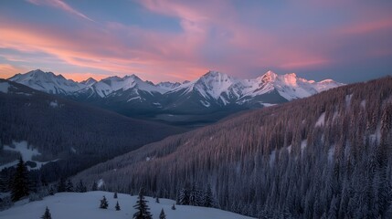 A breathtaking view of towering, snow-covered mountain peaks under a soft pastel sky.