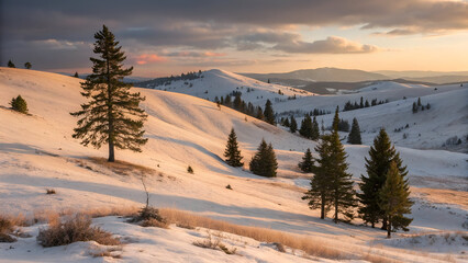 A warm winter sunrise casts golden light over gently rolling hills lightly covered in snow.