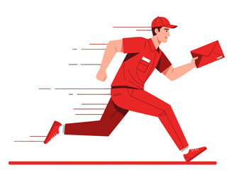 dynamic delivery man sprints with an urgent priority post showcasing speed and efficiency Bold red color scheme and motion lines create a sense of urgency Perfect for business and logistics themes