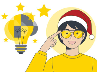A young professional contemplates festive ideas, illuminated by a lightbulb. He wears glasses and a Santa hat, suggesting creativity and holiday inspiration. Bright, cheerful, and modern.