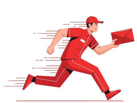 A dynamic courier sprints with an urgent letter, conveying speed and priority. Bold red uniform and motion lines create a sense of urgency. Perfect for delivery, logistics, and fast service themes.