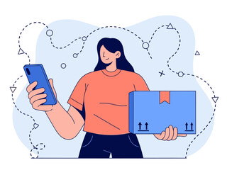 A woman transitions from online to offline, holding a phone and a box. Modern illustration style, inviting a click to ship. Clean, bright design.