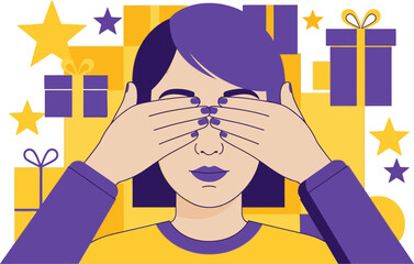 A young woman playfully covers her eyes with her hands, anticipating a surprise amidst vibrant gift boxes and star shapes. Modern, colorful illustration with a playful 'Wait for Surprise' theme.