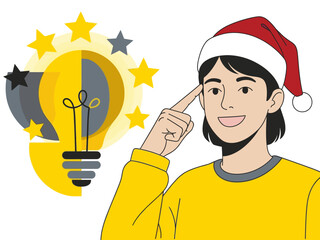 A young woman in a Santa hat thoughtfully considers an idea, illuminated by a lightbulb. Bright, festive, and creative. Perfect for holiday or innovation concepts.