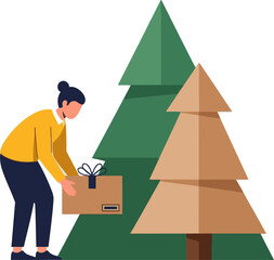 A woman prepares for the morning, placing a gift near a decorated Christmas tree. A warm, inviting scene ready for the holiday season.
