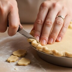 Hands skillfully trims homemade pie crust using knife on kitchen counter