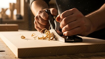 Hands Smoothing Wood Surface with Hand Plane in Carpentry Workshop