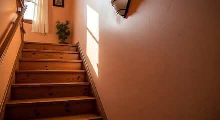 Interior view of an inviting wooden staircase bathed in sunlight