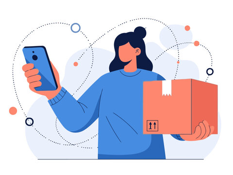 A woman holds a box, interacting with a smartphone, symbolizing online to offline shipping. Modern illustration style, bright colors, and a clean design. Click to ship!