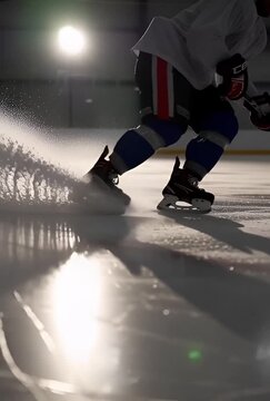 Hockey player skating on ice in a dark arena hall