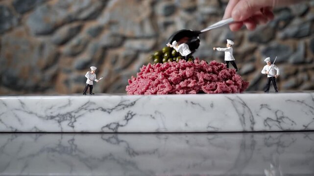 Miniature chefs carefully positioning capers on steak tartare, creating elegant culinary artistry against polished marble background showcasing intricate food preparation skills