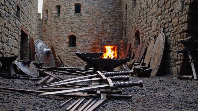 Burning forge fire illuminates medieval armory in castle courtyard, with crafted swords and shields scattered on ground, evoking scene of ancient warfare and craftsmanship