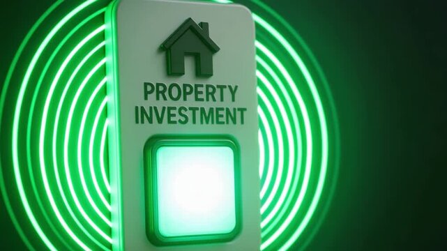 Property investment concept featuring glowing green button and house icon symbolizing real estate finance and digital opportunity for financial growth in modern real estate investment strategy