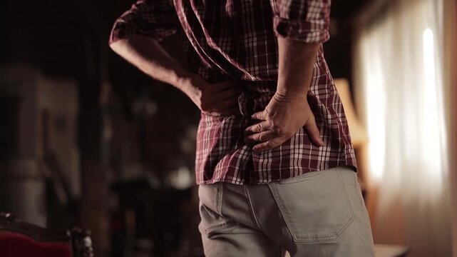 Man with hip, back and sciatica pain at home.