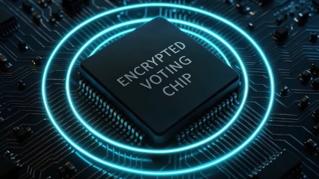 Encrypted voting chip on black circuit board with glowing blue rings, symbolizing secure digital technology, data protection, and advanced security in modern electronic voting circuit board systems