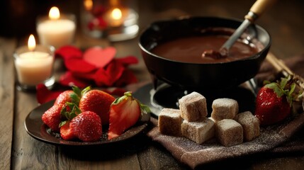 Romantic Evening With Chocolate Fondue, Fresh Strawberries, and Soft Candlelight Setting