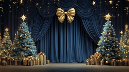 elegant blue and gold christmas scene with trees gifts and cinematic lighting