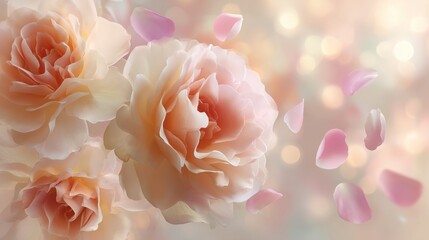 romantic rose greeting card background with soft pastel petals and gentle glow