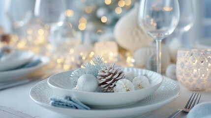 modern minimalist christmas feast table with elegant white silver holiday decor