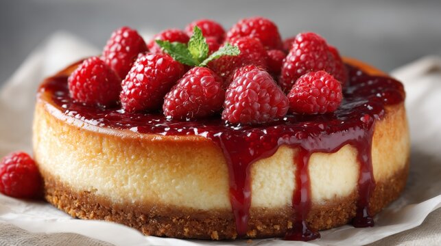 creamy raspberry cheesecake with glossy compote and fresh vibrant berries