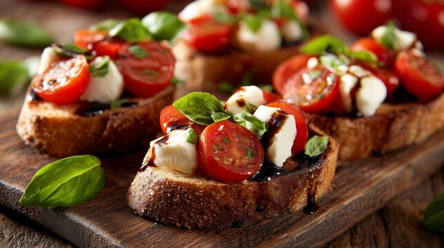 fresh bruschetta with tomatoes mozzarella and basil on rustic toasted bread
