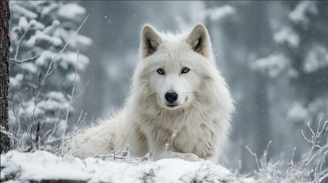 majestic white wolf standing in snowy landscape with calm wise presence